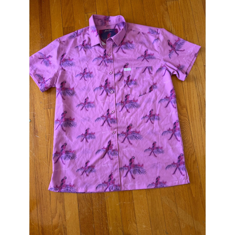 Retro Rifle Saws & Macaws Pink Tropical Parrot Gun Button Down Shirt Mens Large